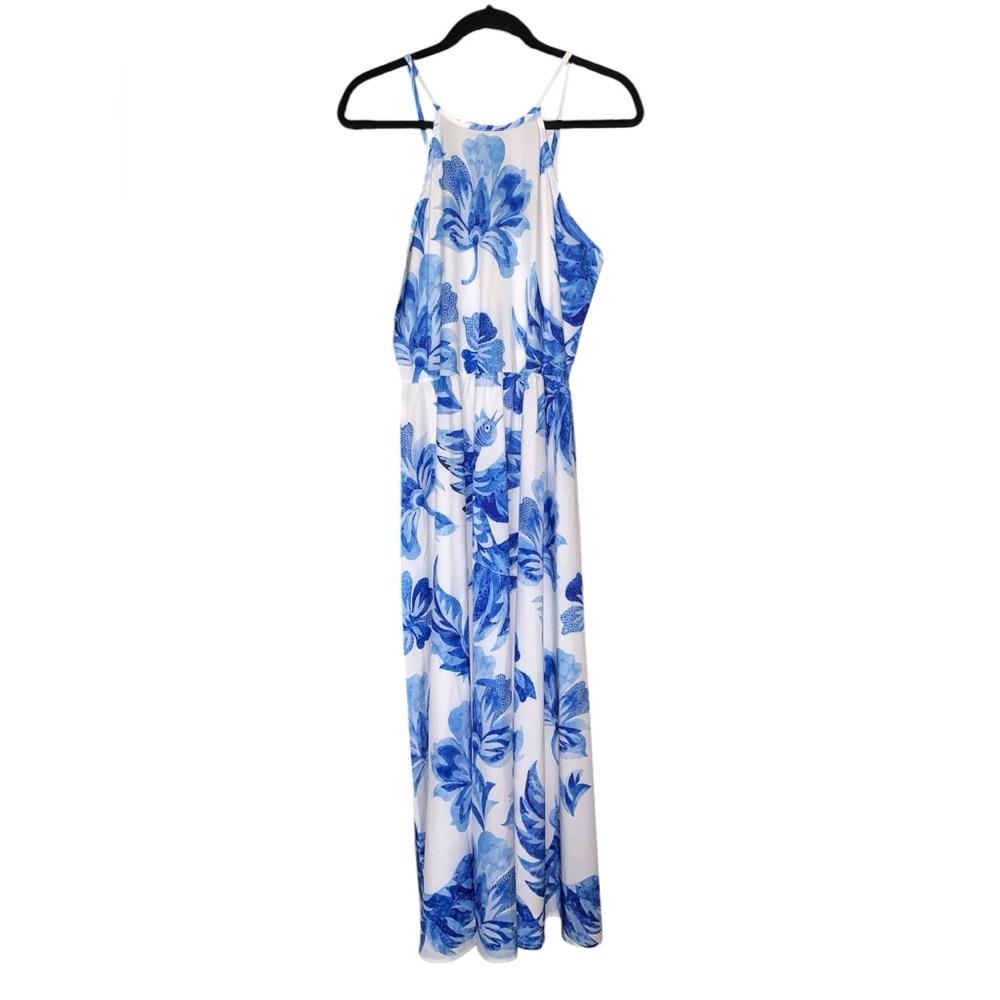 White And Blue Floral Print‎ With Bird Design Sleeveless Maxi Dress Size Medium
